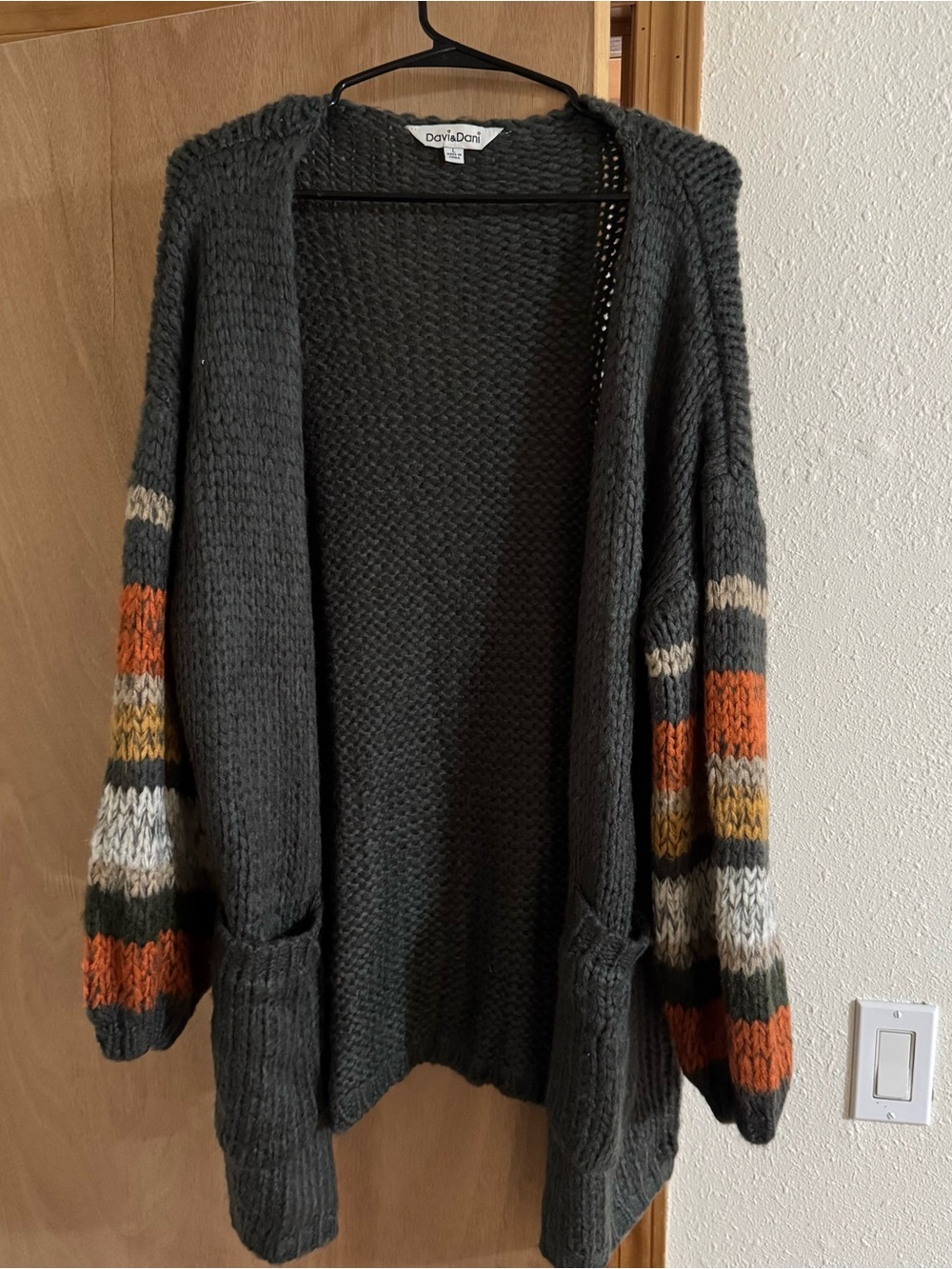 DAVI & DANI Charcoal Open-Front Cardigan with Striped Sleeve Accent